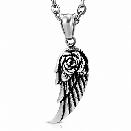 Pendentif homme biker aile d'ange avec une rose