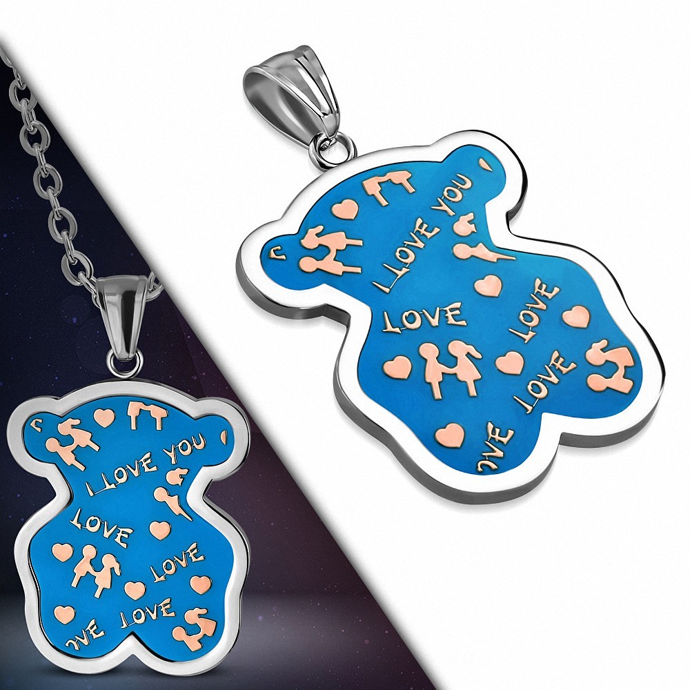 Pendentif ourson love en acier argenté émaillé bleu