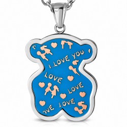 Pendentif ourson love en acier argenté émaillé bleu