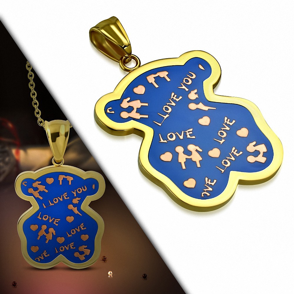Pendentif ourson love en acier doré émaillé bleu