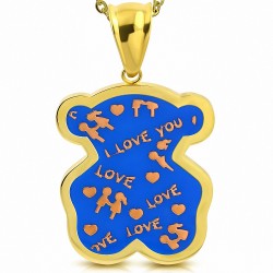 Pendentif ourson love en acier doré émaillé bleu