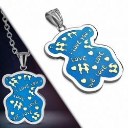 Pendentif teddy bear love en acier émaillé bleu clair