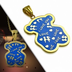 Pendentif teddy bear love en acier doré émaillé bleu