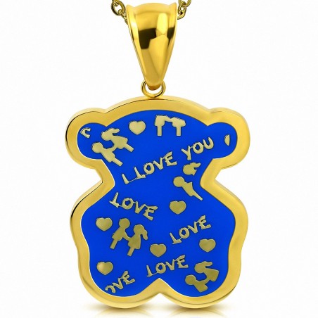 Pendentif teddy bear love en acier doré émaillé bleu