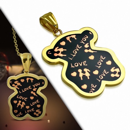 Pendentif ourson love en acier doré émaillé noir