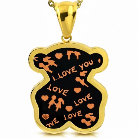 Pendentif ourson love en acier doré émaillé noir