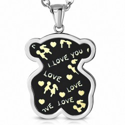 Pendentif ourson love en acier argenté émaillé noir