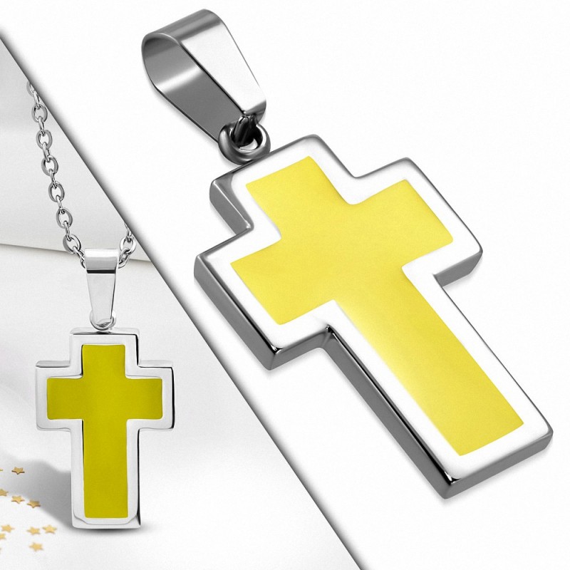 Pendentif croix latine en acier inoxydable émaillé jaune