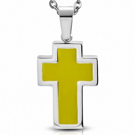 Pendentif croix latine en acier inoxydable émaillé jaune