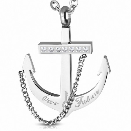 Pendentif ancre marine avec corde et strass acier