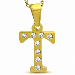 Pendentif en acier doré serti de gemmes lettre T