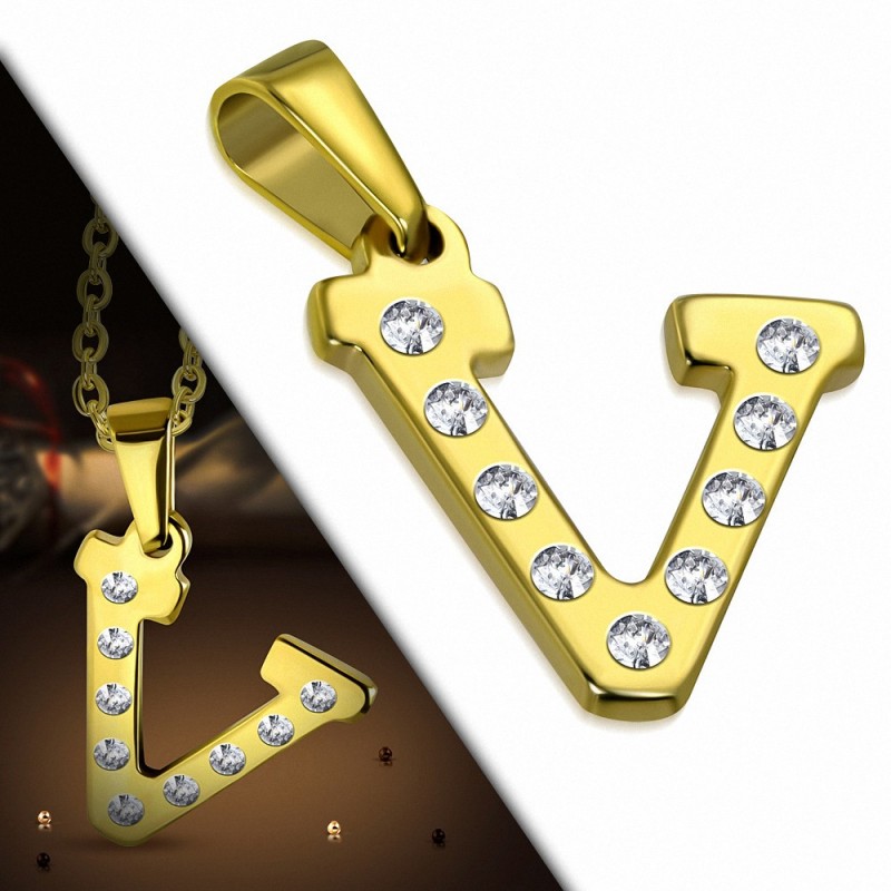 Pendentif en acier doré serti de gemmes lettre V