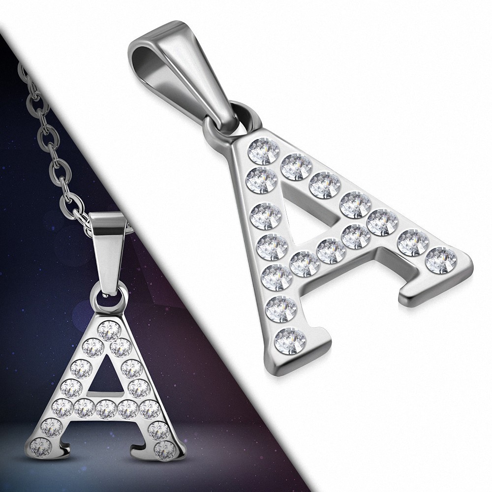 Pendentif en acier inoxydable serti de gemmes lettre A