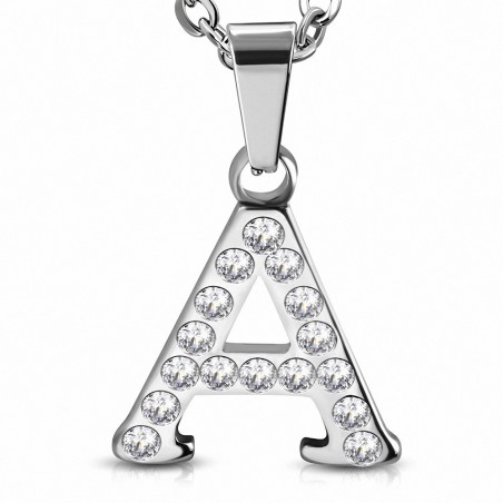 Pendentif en acier inoxydable serti de gemmes lettre A