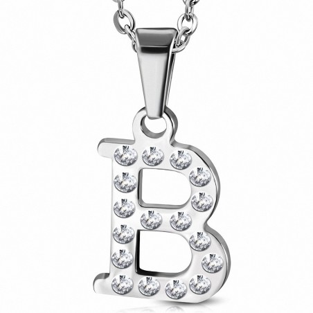 Pendentif en acier inoxydable serti de gemmes lettre B