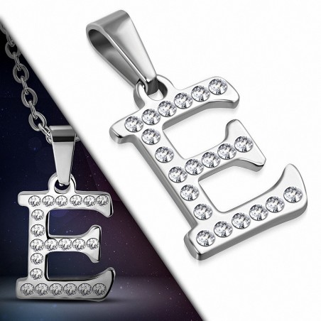 Pendentif en acier inoxydable serti de gemmes lettre E