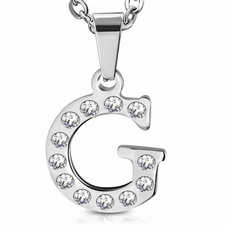 Pendentif en acier inoxydable serti de gemmes lettre G