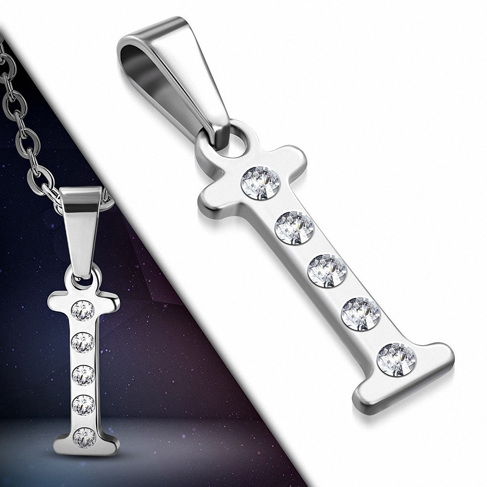 Pendentif en acier inoxydable serti de gemmes lettre I