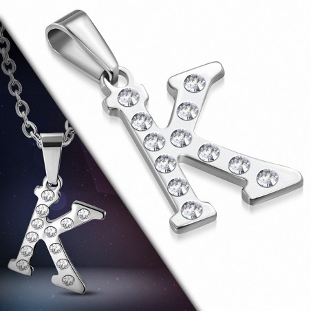 Pendentif en acier inoxydable serti de gemmes lettre K