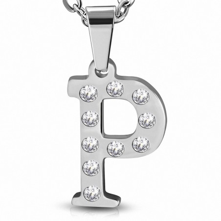 Pendentif en acier inoxydable serti de gemmes lettre P