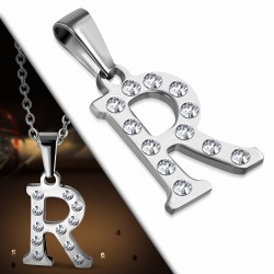 Pendentif en acier inoxydable serti de gemmes lettre R