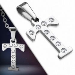 Pendentif en acier inoxydable serti de gemmes lettre T