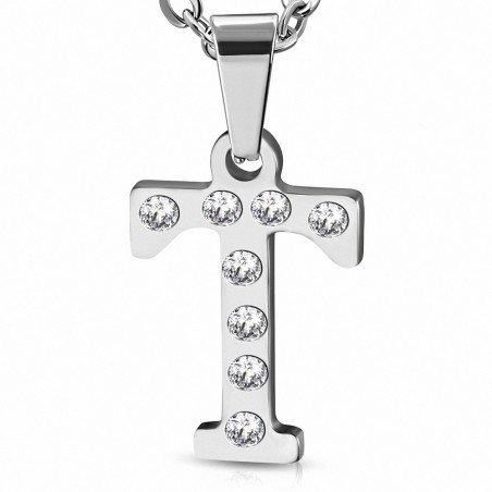 Pendentif en acier inoxydable serti de gemmes lettre T