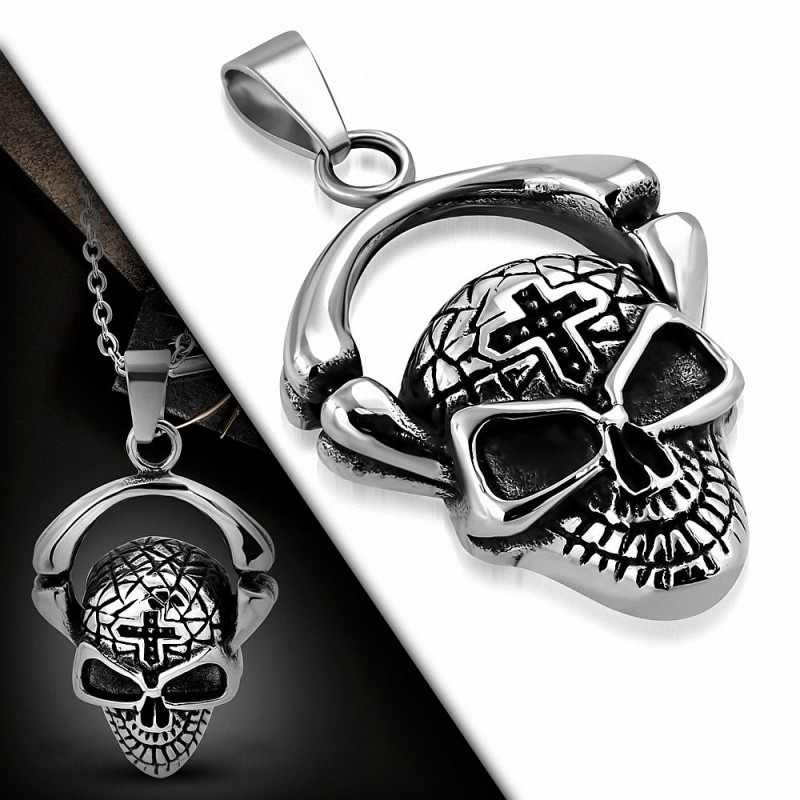 Pendentif homme biker crâne squelette avec croix