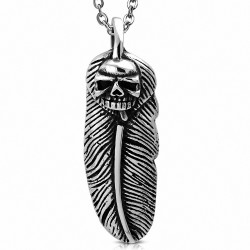 Pendentif homme biker skull avec plume en acier inoxydable