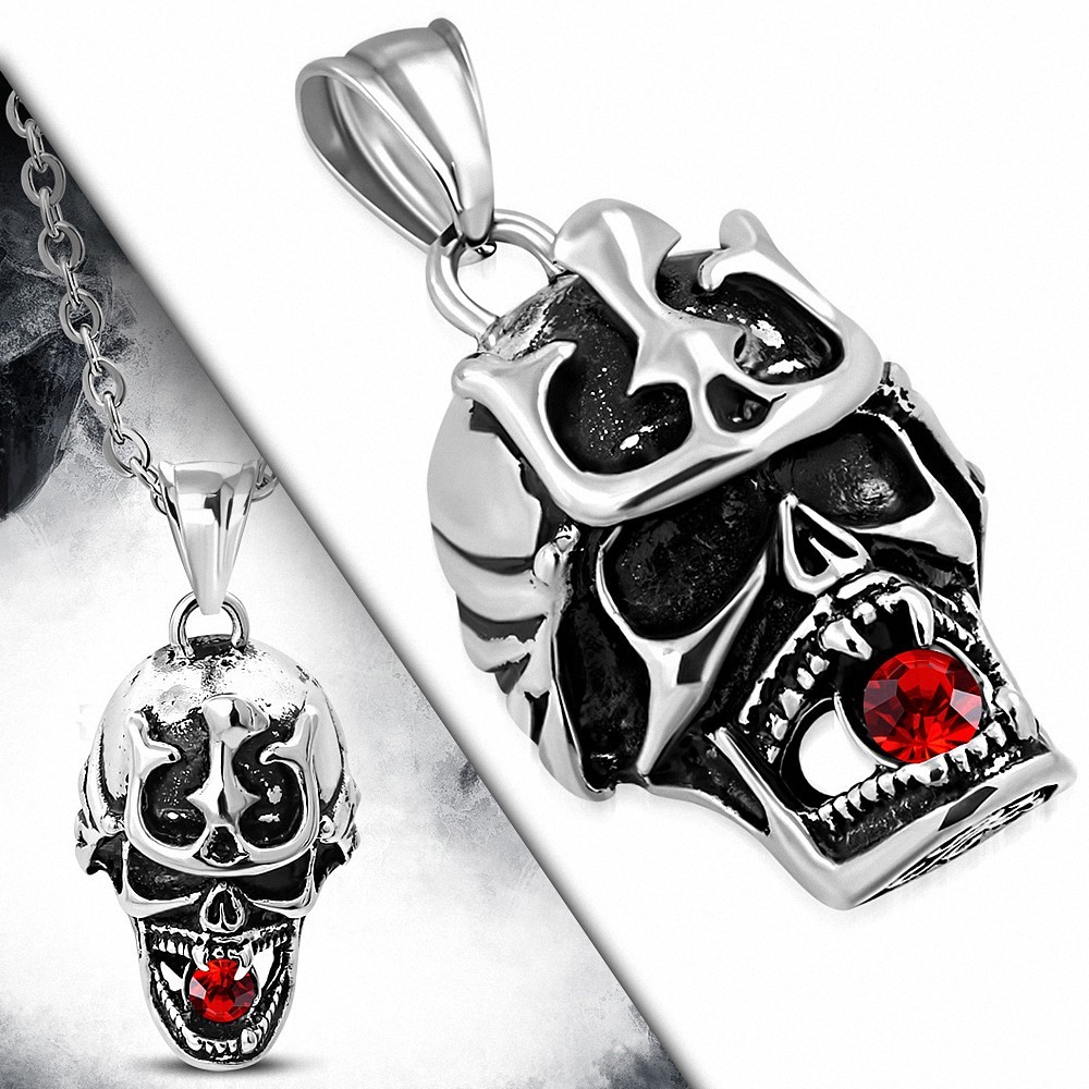 Pendentif homme biker crâne de guerrier gemme rouge