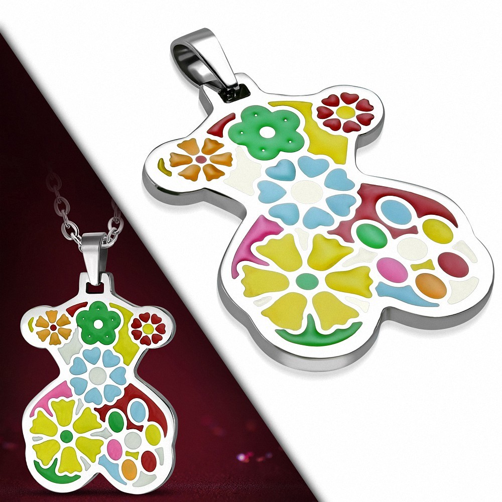 Pendentif ourson en acier avec fleurs multicolores