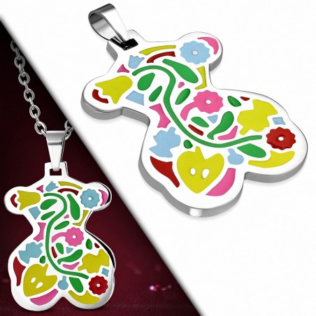 Pendentif ourson en acier avec fleurs tulipes multicolores