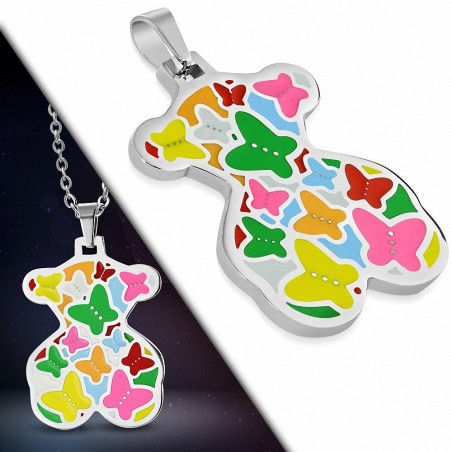 Pendentif ourson en acier avec papillons multicolores