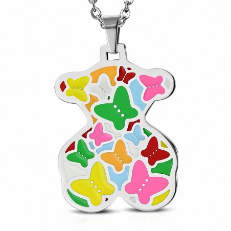 Pendentif ourson en acier avec papillons multicolores