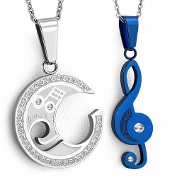 Pendentif couple musical deux parties clef de sol bleue