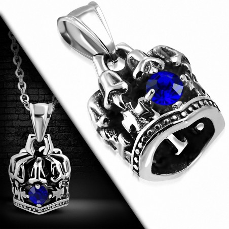 Pendentif homme biker couronne skull gemme bleu