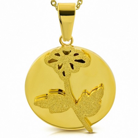 Pendentif cercle en acier inoxydable doré fleur de vigne sablée