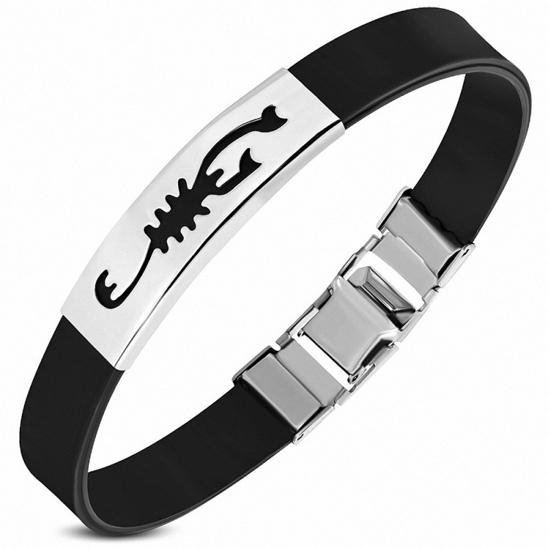 Bracelet homme caoutchouc noir plaque acier scorpion zodiaque