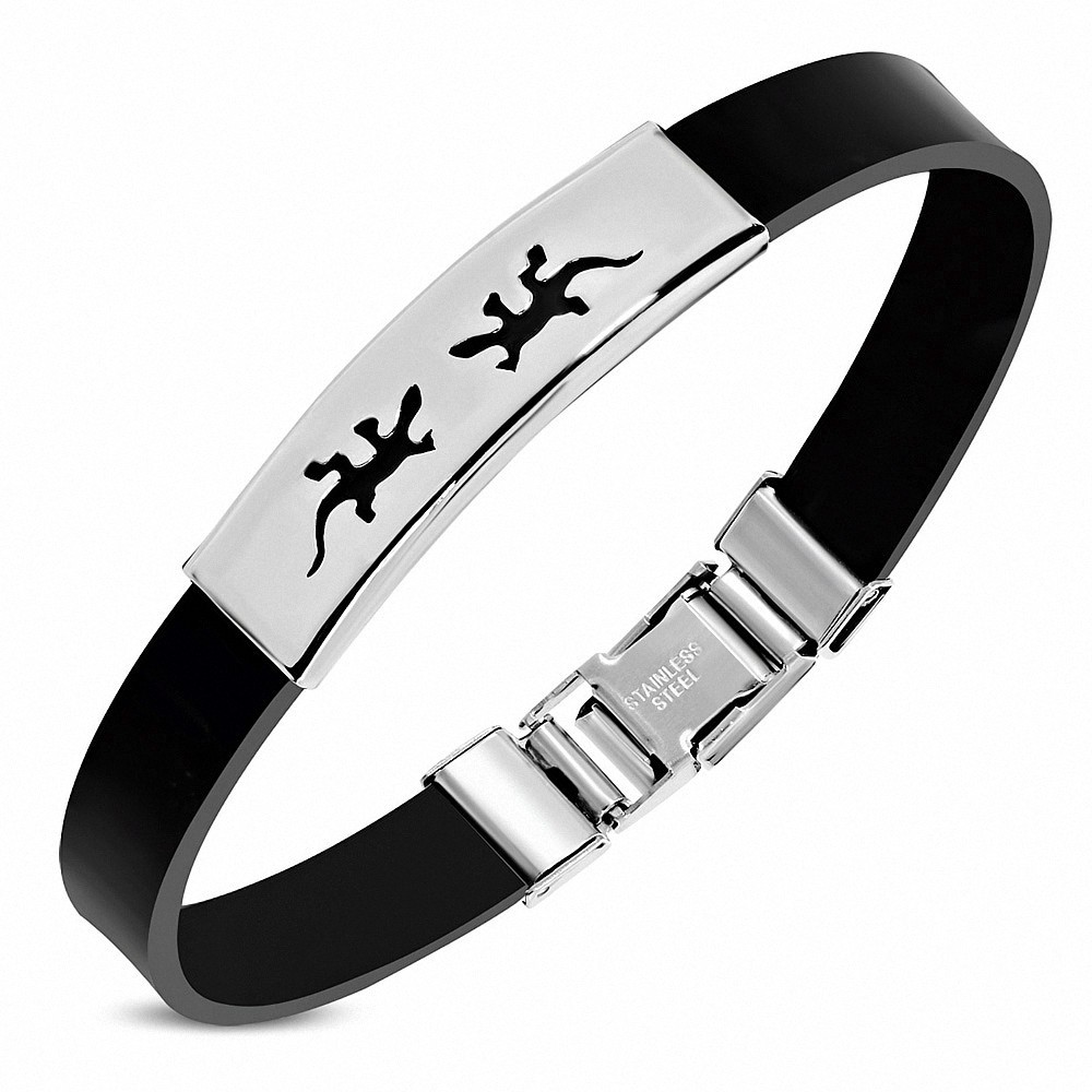 Bracelet homme caoutchouc noir plaque acier 2 lézards