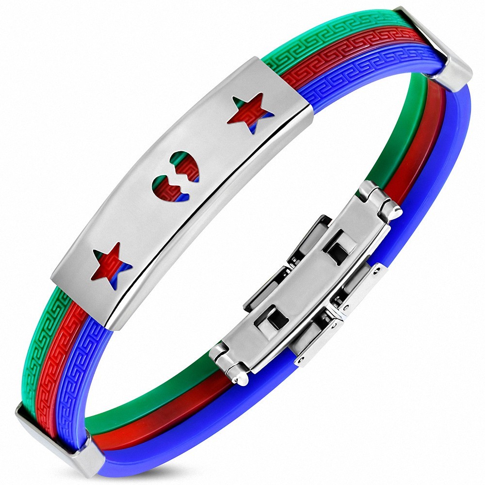 Bracelet caoutchouc tricolore plaque étoiles cœur brisé