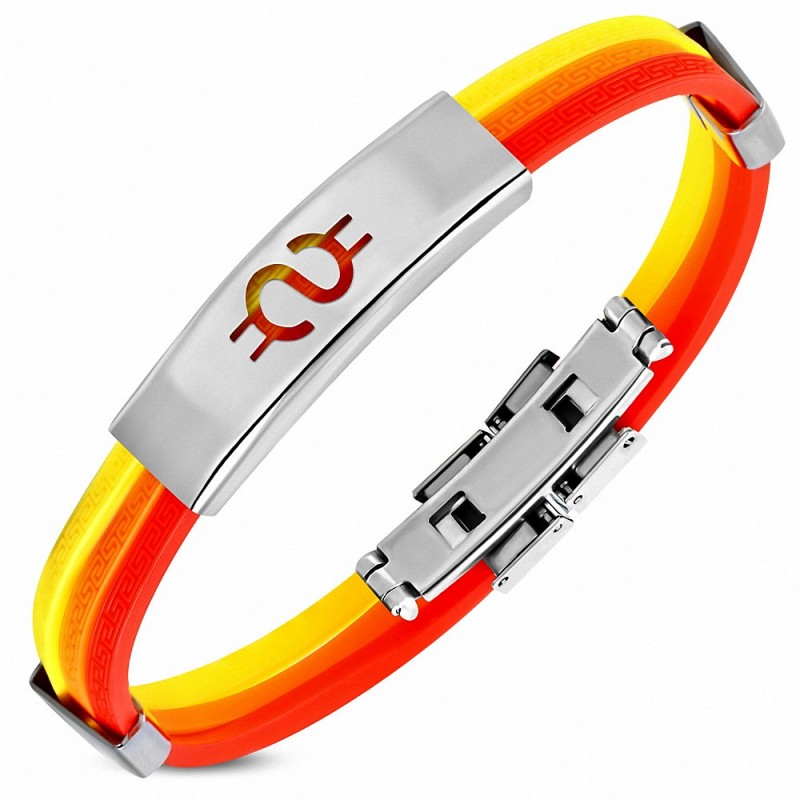 Bracelet caoutchouc jaune orange rouge plaque signe dollar