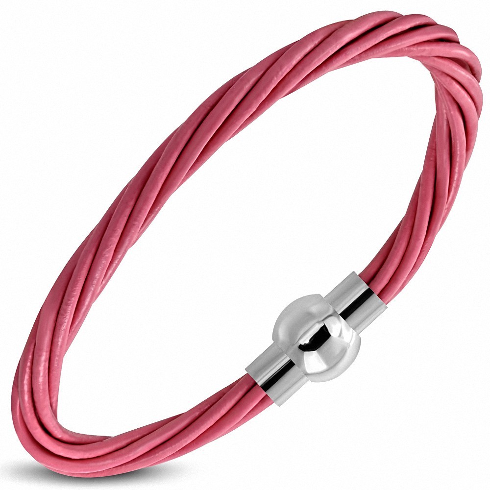 Bracelet en cuir tressé rose fermeture magnétique 21 cm