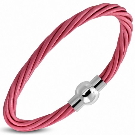 Bracelet en cuir tressé rose fermeture magnétique 21 cm