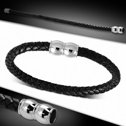 Bracelet en cuir tressé noir avec fermeture magnétique 22 cm