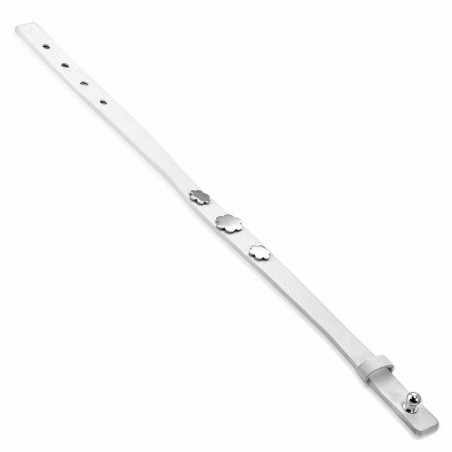 Bracelet en cuir blanc véritable avec 3 fleurs en acier