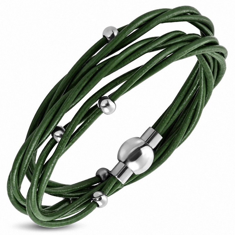 Bracelet en cuir vert tressé avec billes en acier inoxydable