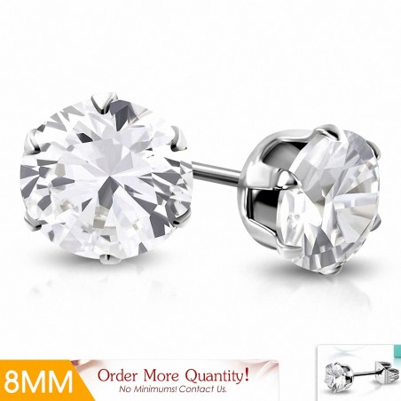 Paire de boucles d'oreille acier pierre zirconium blanche 8 mm