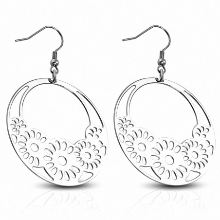 Paire de boucles d'oreille acier cercles fleurs filigrane