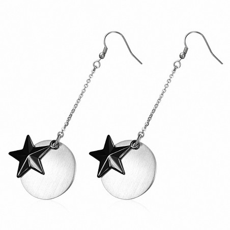 Paire de boucles d'oreille acier pendantes cercle étoiles noires