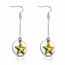 Paire de boucles d'oreille acier pendantes cercle étoiles dorées